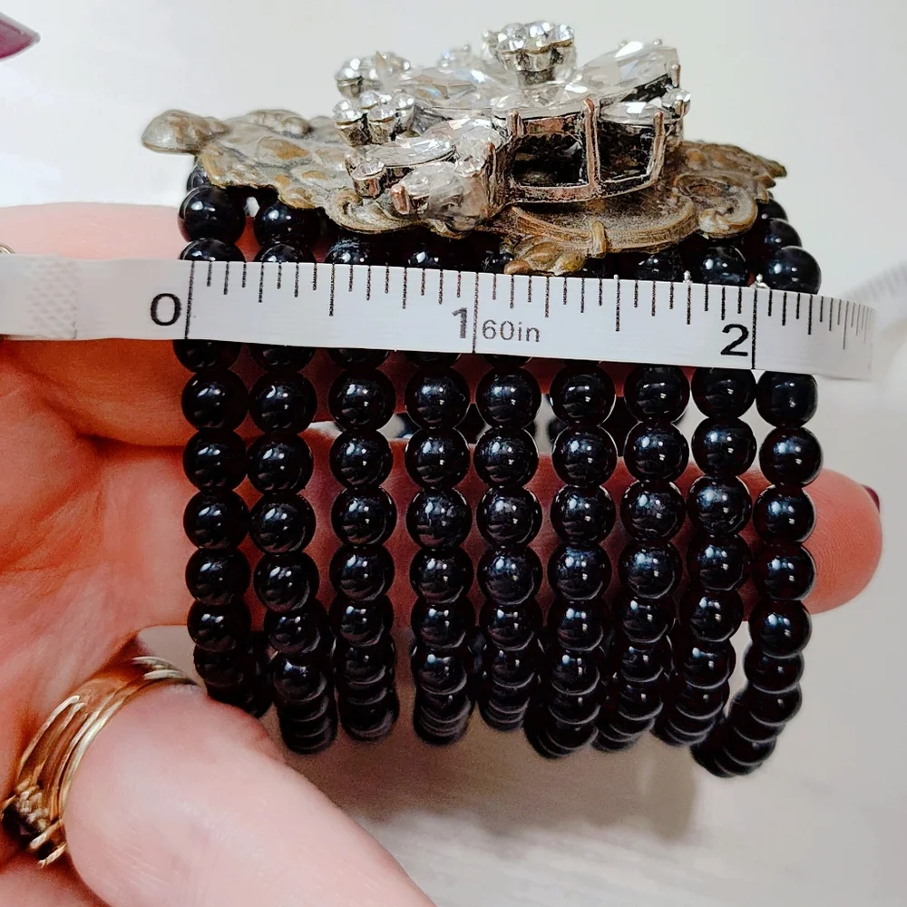 Upcycled Hand Crafted Extra Wide Black Bead Rhinestone Brass Cherub Bracelet - Picture 10 of 13